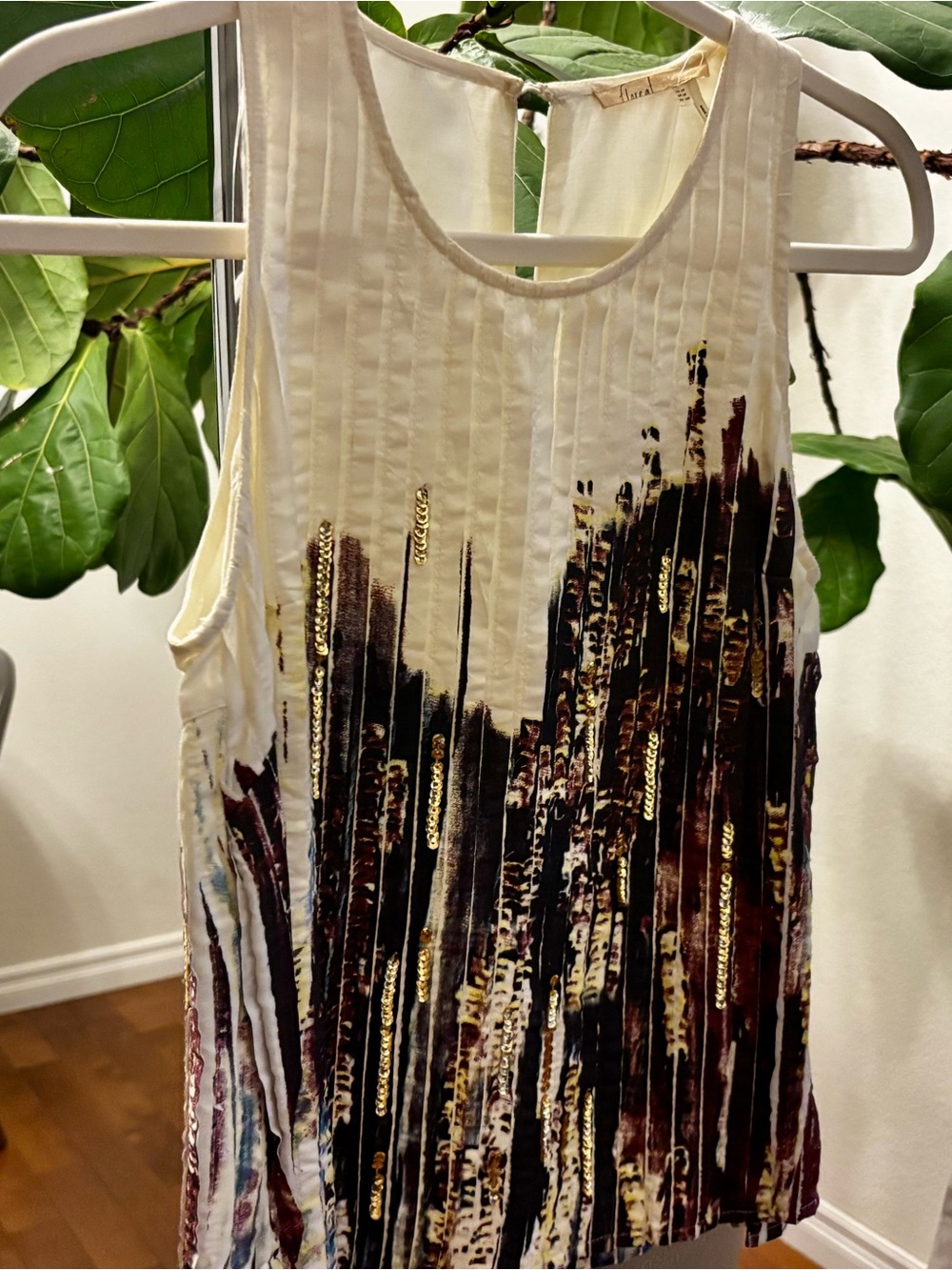Floreat Anthropologie Sleeveless Pintuck Sequin Tank Top Cream Print, Size XS
